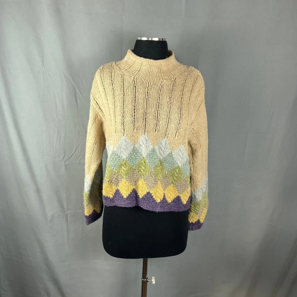Liz Claiborne Knitted By Hand Sweater Womens Medium Multicolor Argyle Mock Neck